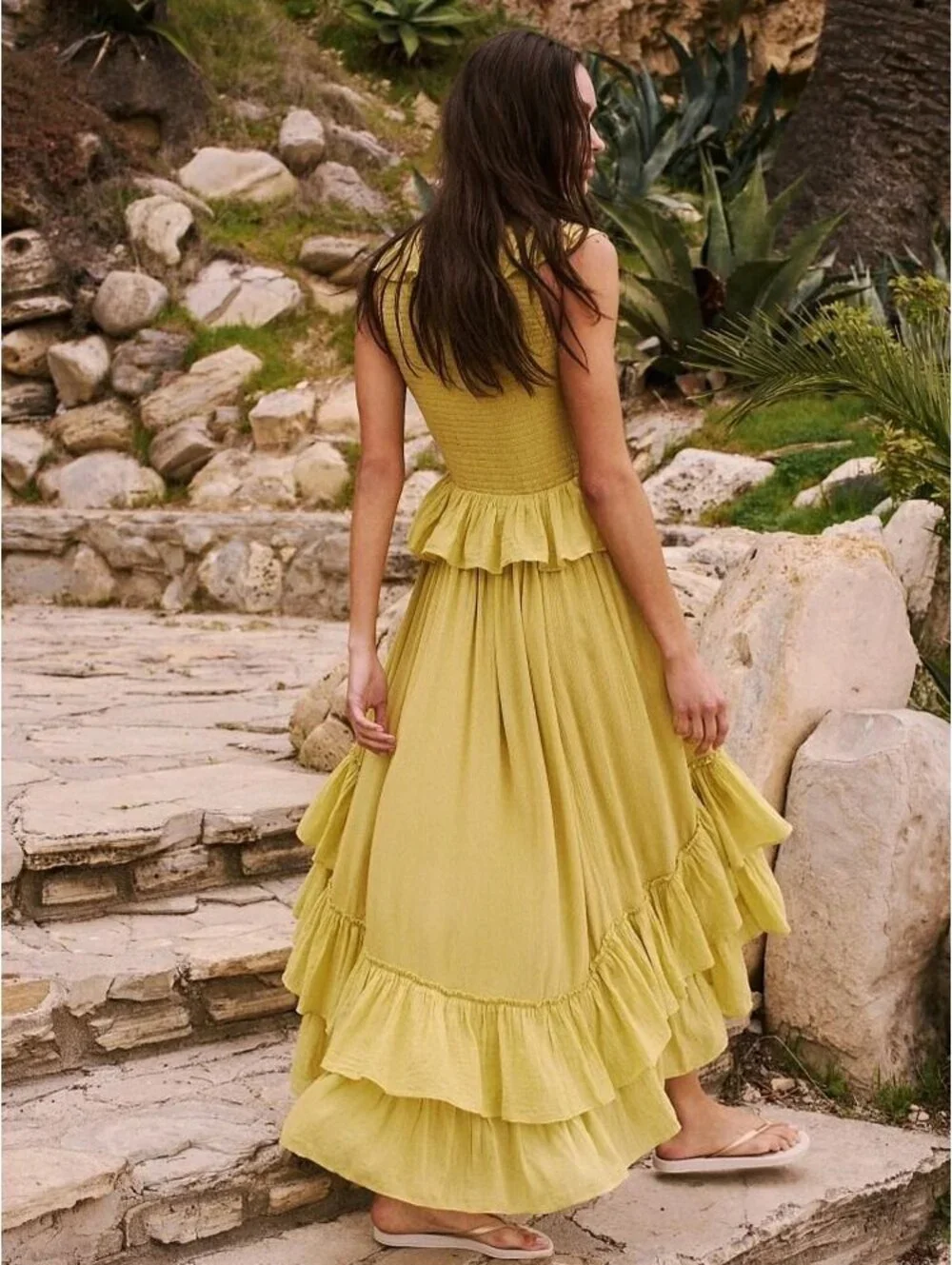 Free-est (Free People) Chartreuse Ruffle Smocked High-Low Maxi Dress | Size XS